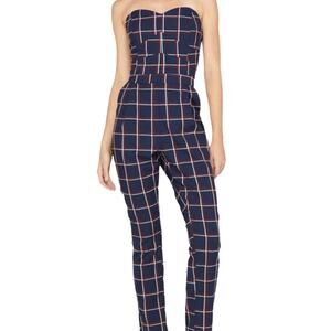 Adelyn Rae Yara Navy Plaid Strapless Jumpsuit NWT Small